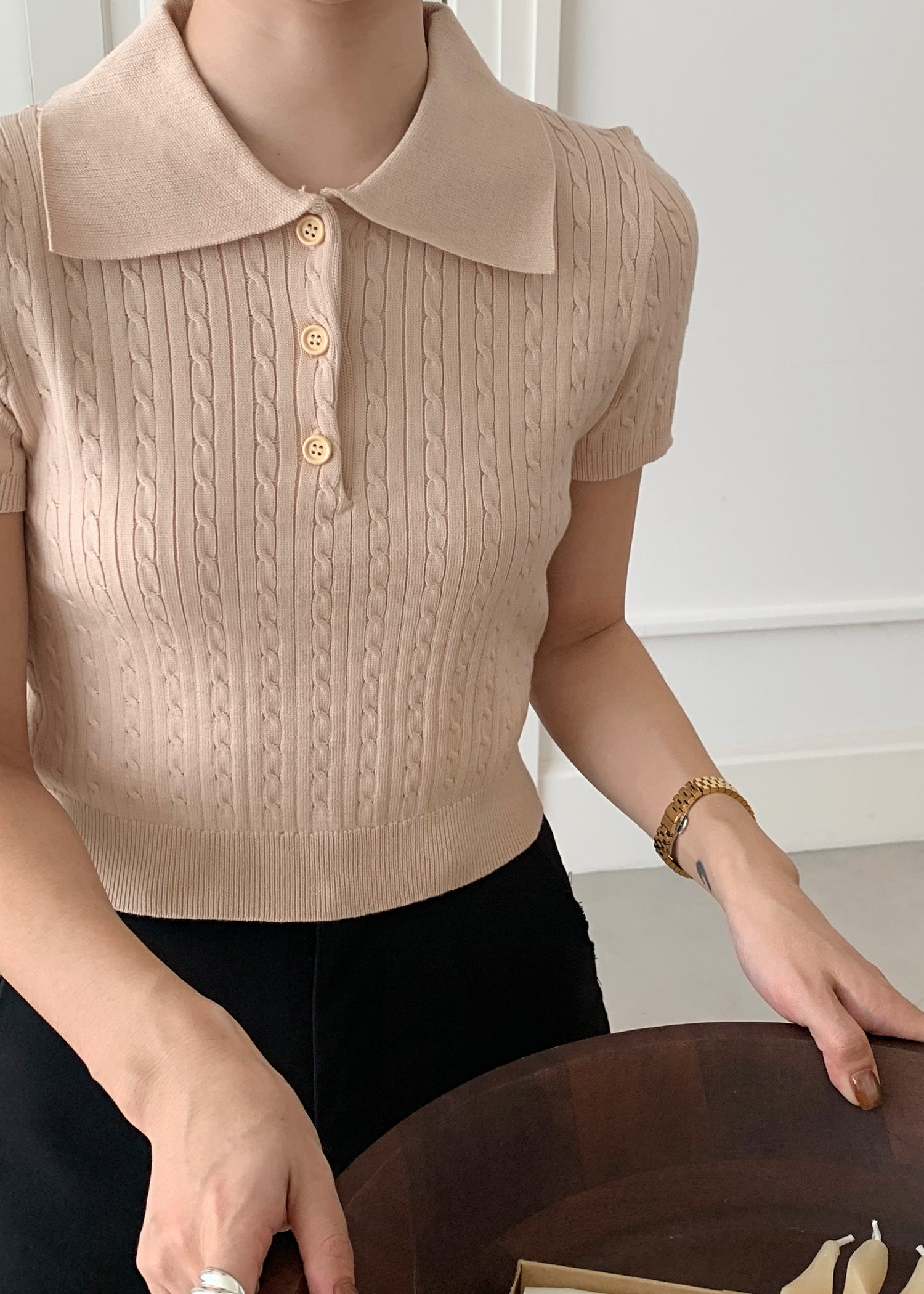 Everyday Cable Knit Polo Collar in Beige
