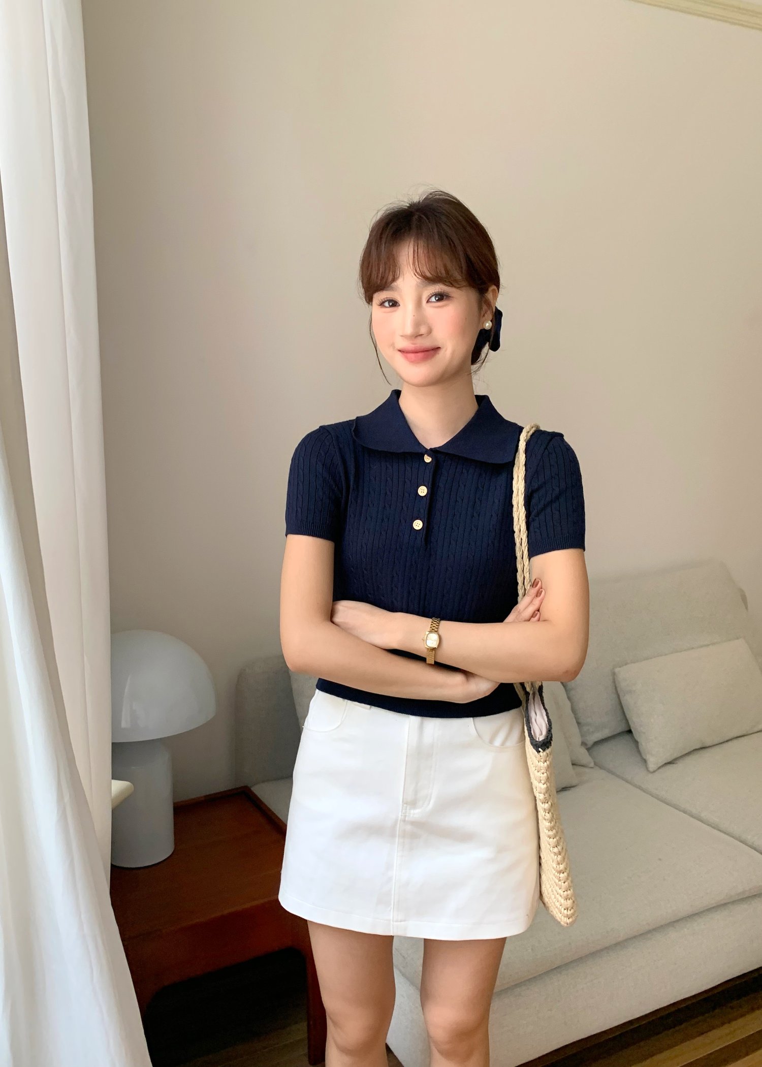 (DEFECT) Everyday Cable Knit Polo Collar in Navy Blue