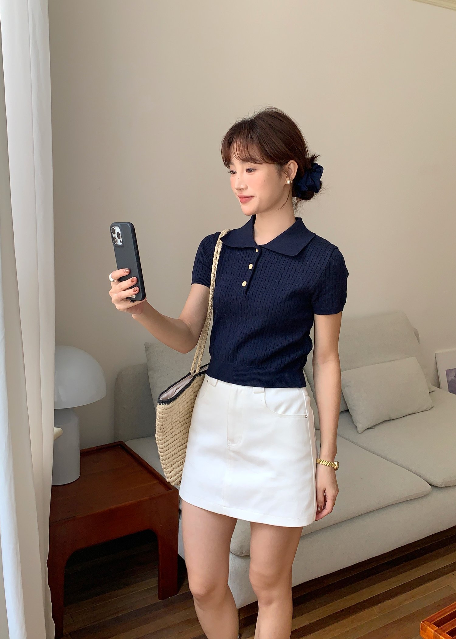 (DEFECT) Everyday Cable Knit Polo Collar in Navy Blue