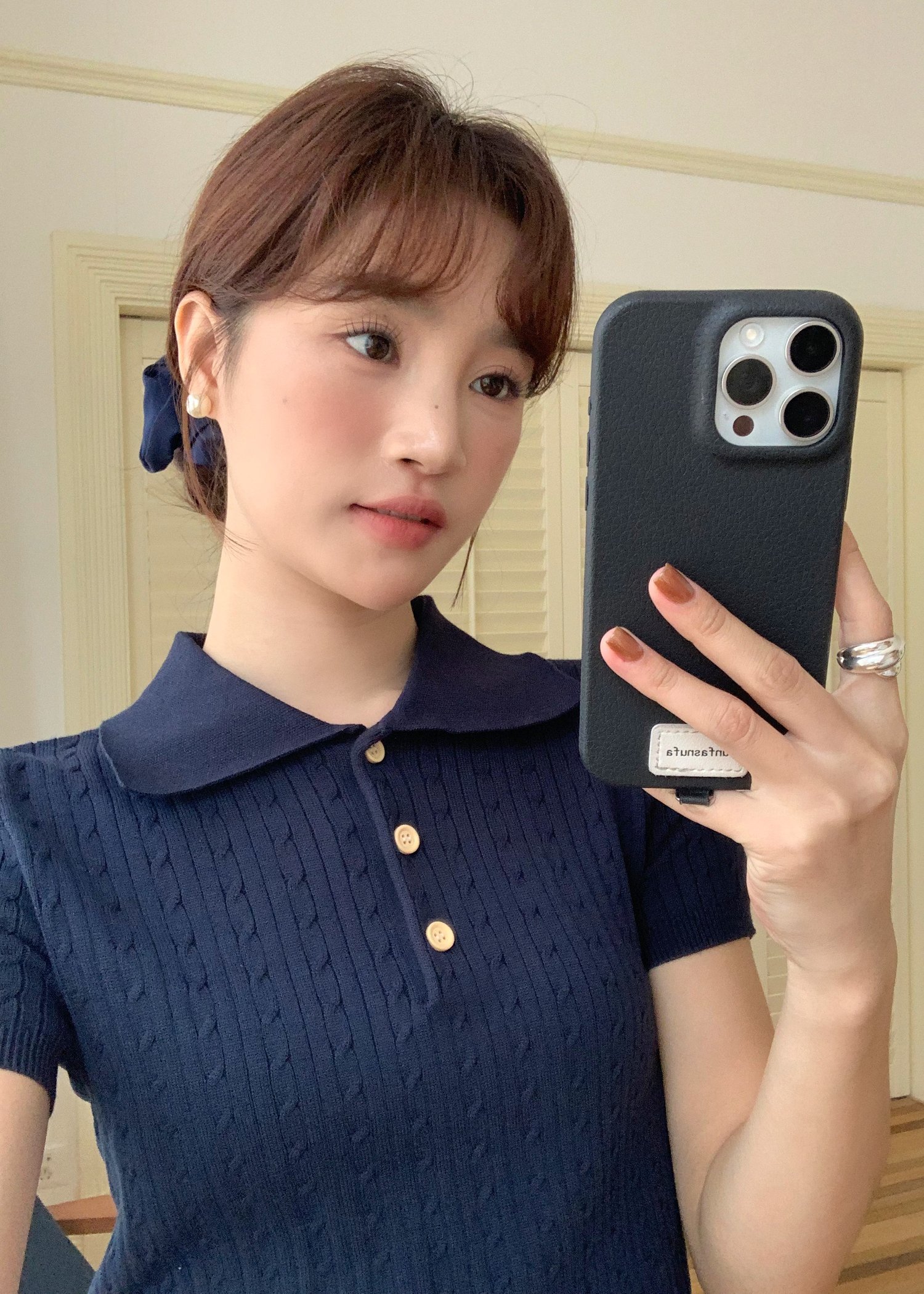 (DEFECT) Everyday Cable Knit Polo Collar in Navy Blue