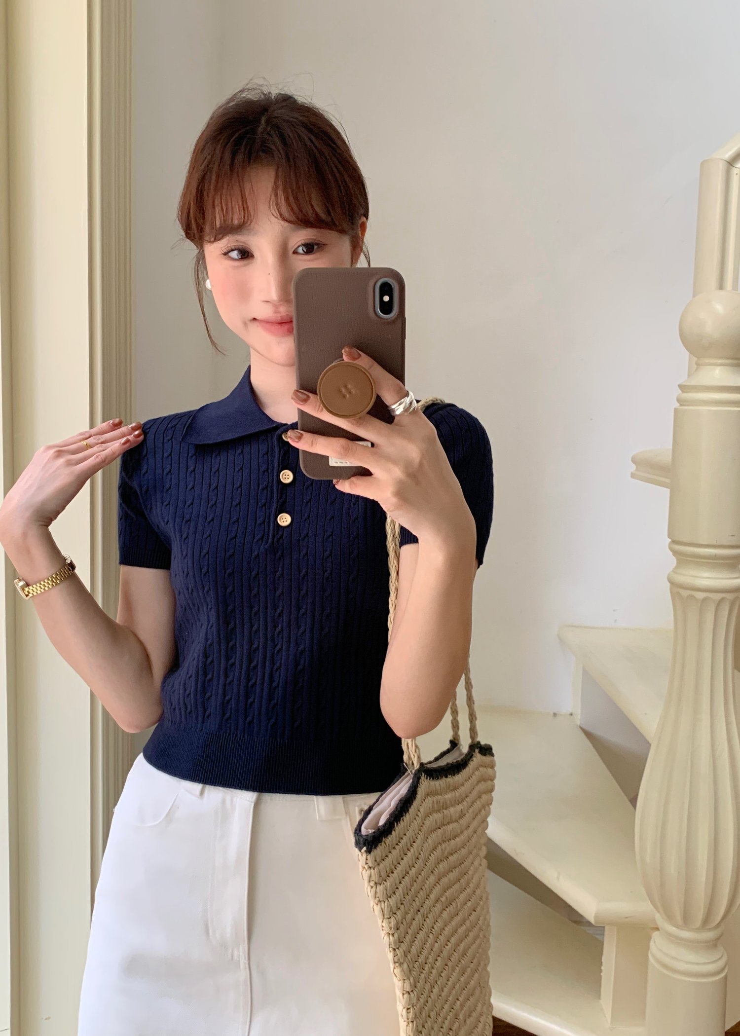 (DEFECT) Everyday Cable Knit Polo Collar in Navy Blue