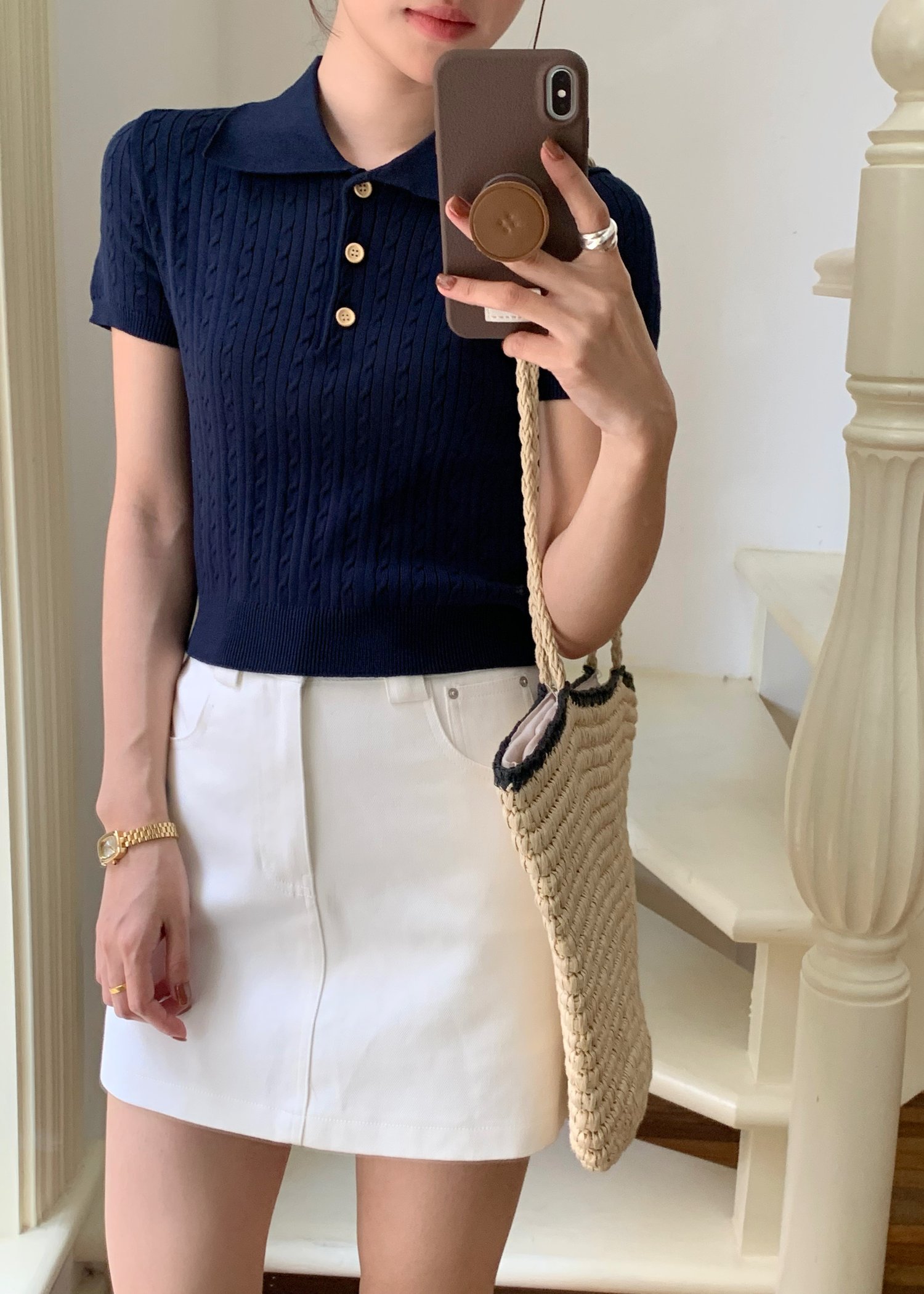 (DEFECT) Everyday Cable Knit Polo Collar in Navy Blue