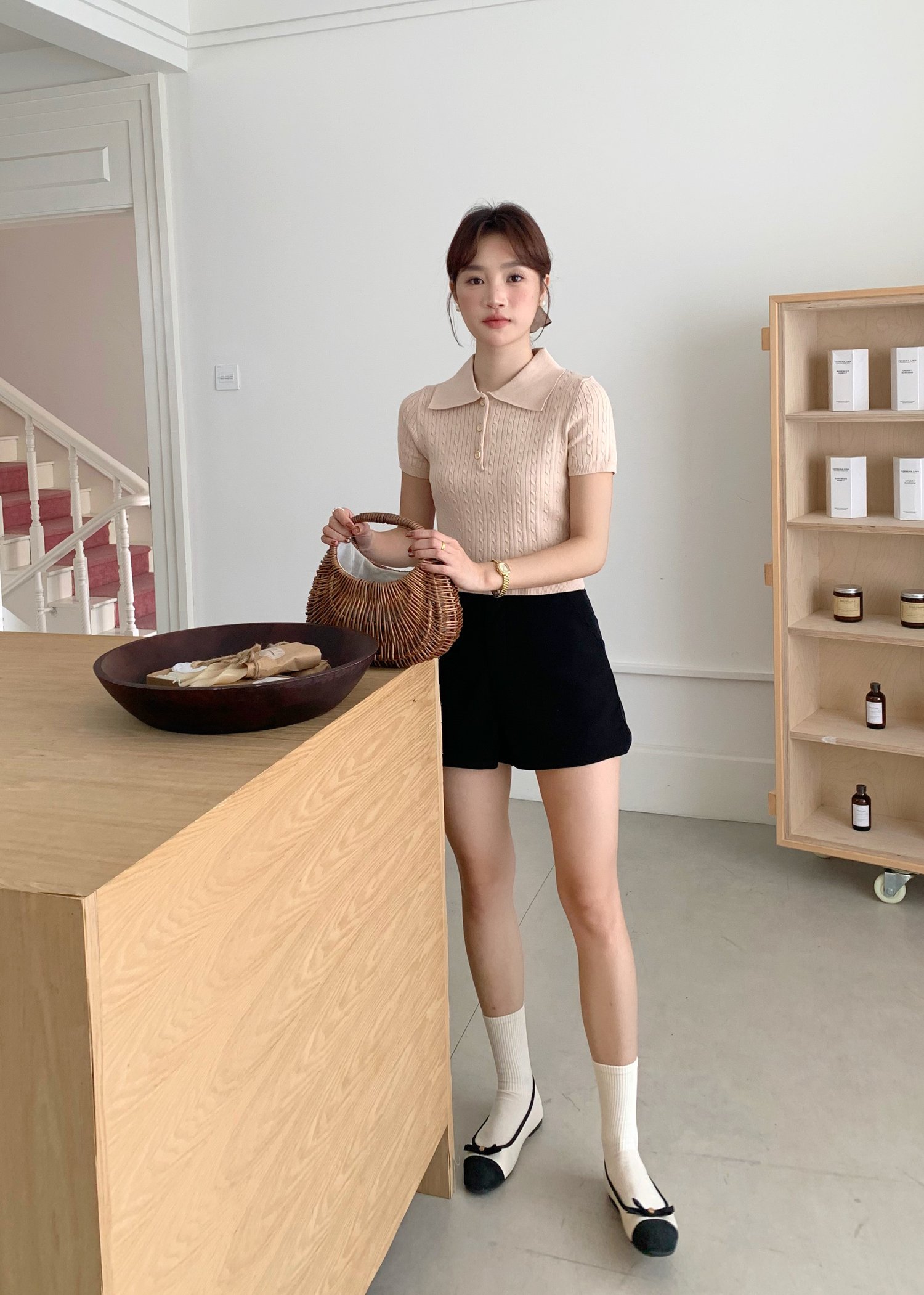 Everyday Cable Knit Polo Collar in Beige