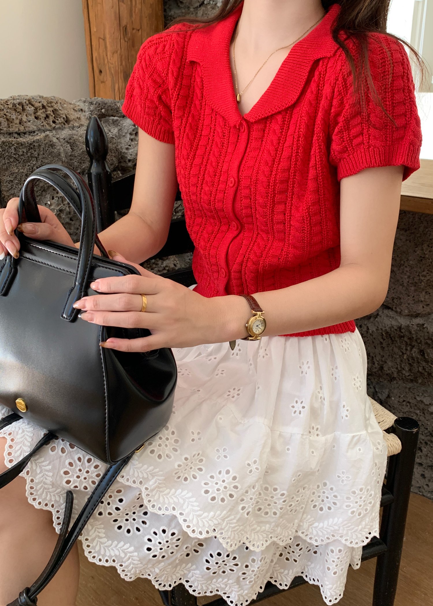 Hayley Buttoned Knit Top in Red