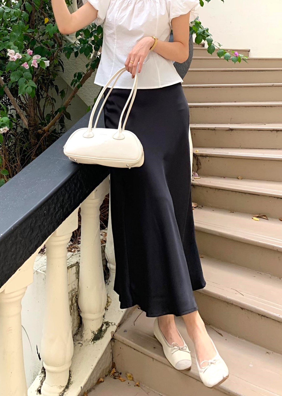 Mia Flare Satin Long Skirt in Black