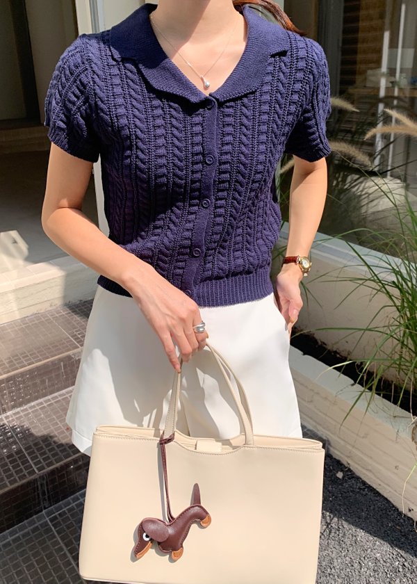 Hayley Buttoned Knit Top in Navy Blue