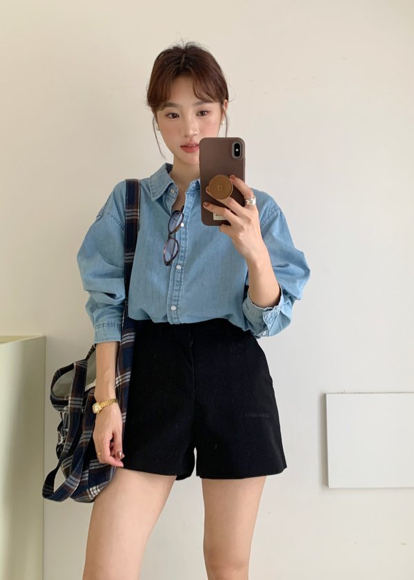 90s Casual Denim Blouse in Blue