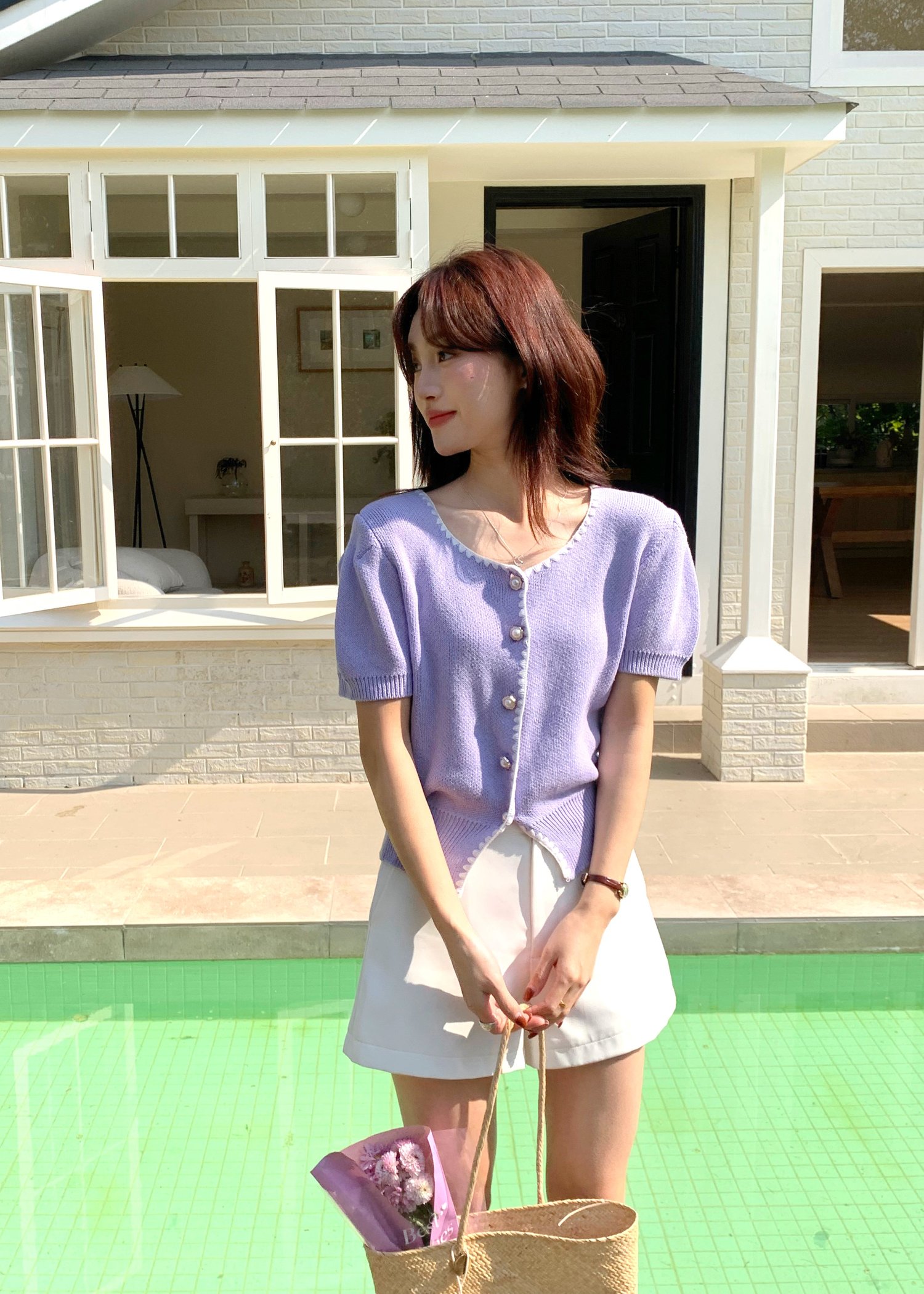 (DEFECT) In-Love Pearl Buttoned Knit Top in Yam