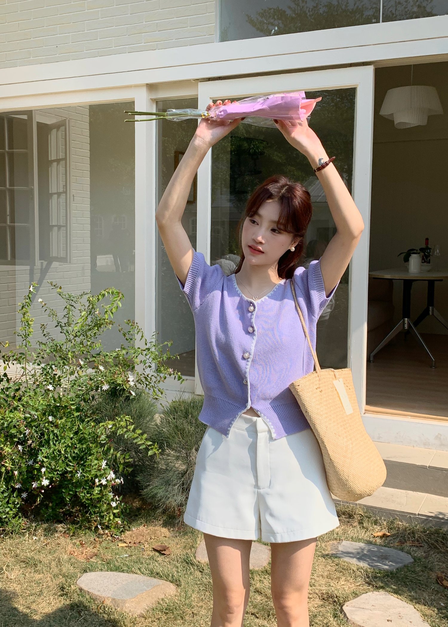 (DEFECT) In-Love Pearl Buttoned Knit Top in Yam