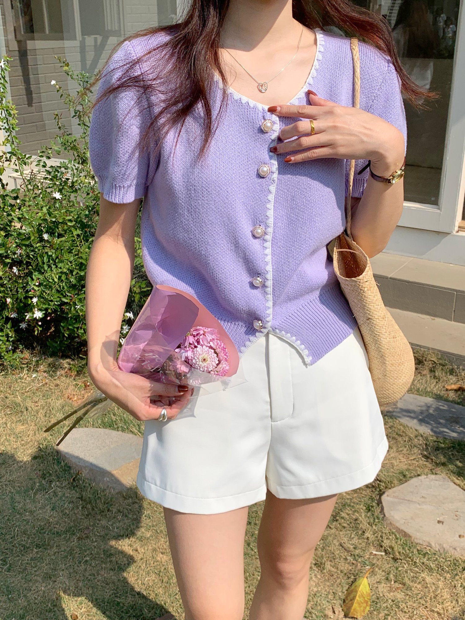 (DEFECT) In-Love Pearl Buttoned Knit Top in Yam
