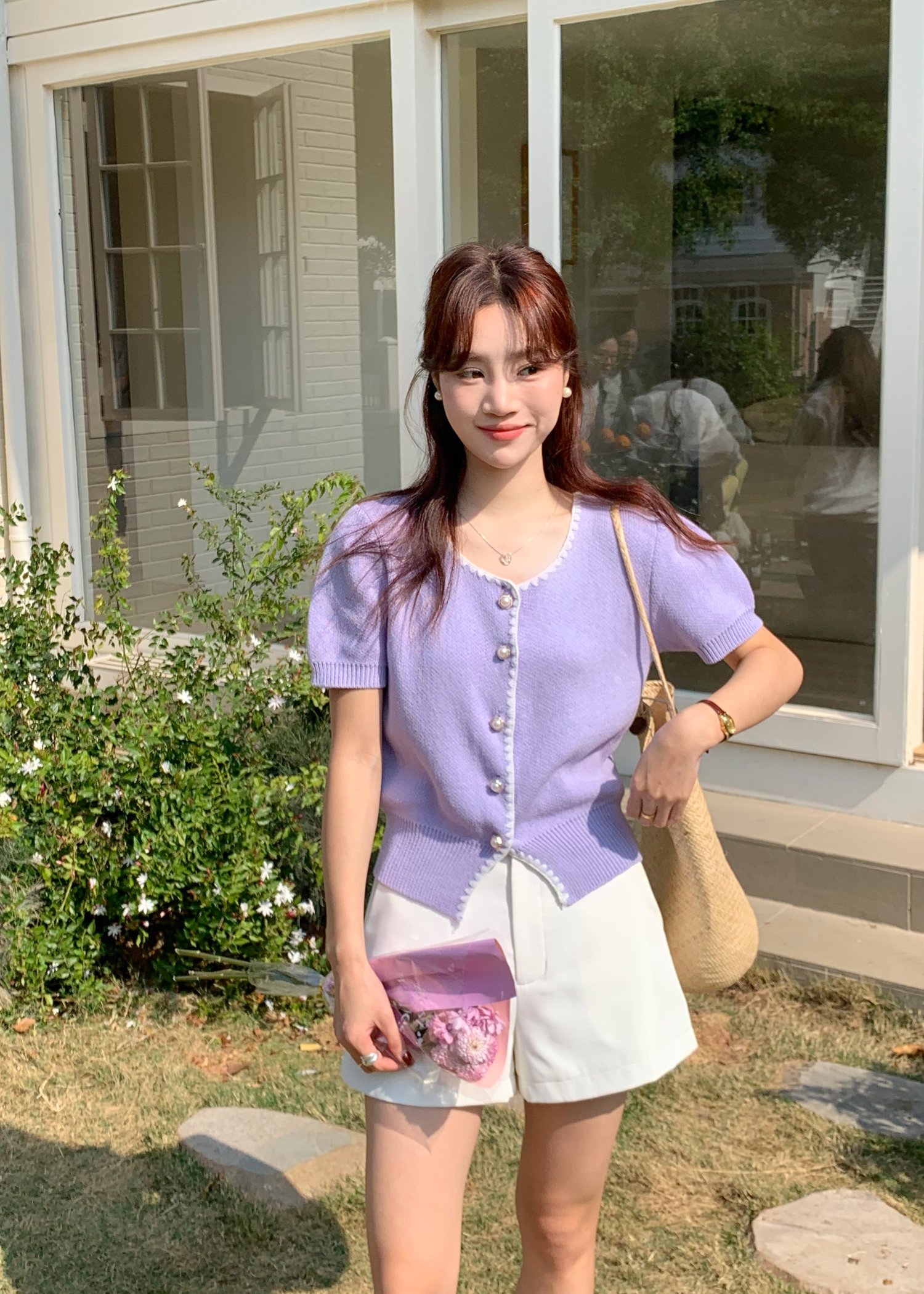 (DEFECT) In-Love Pearl Buttoned Knit Top in Yam