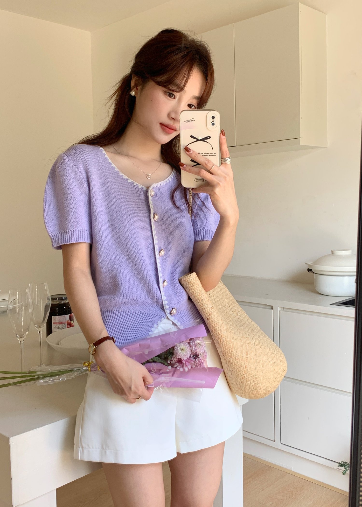 (DEFECT) In-Love Pearl Buttoned Knit Top in Yam