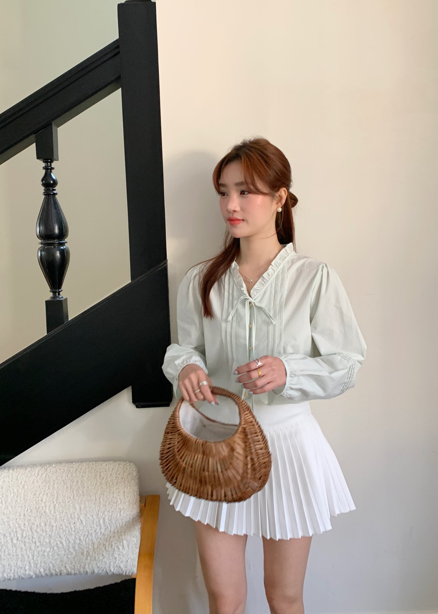 Claire Ribbon Blouse in Baby Green