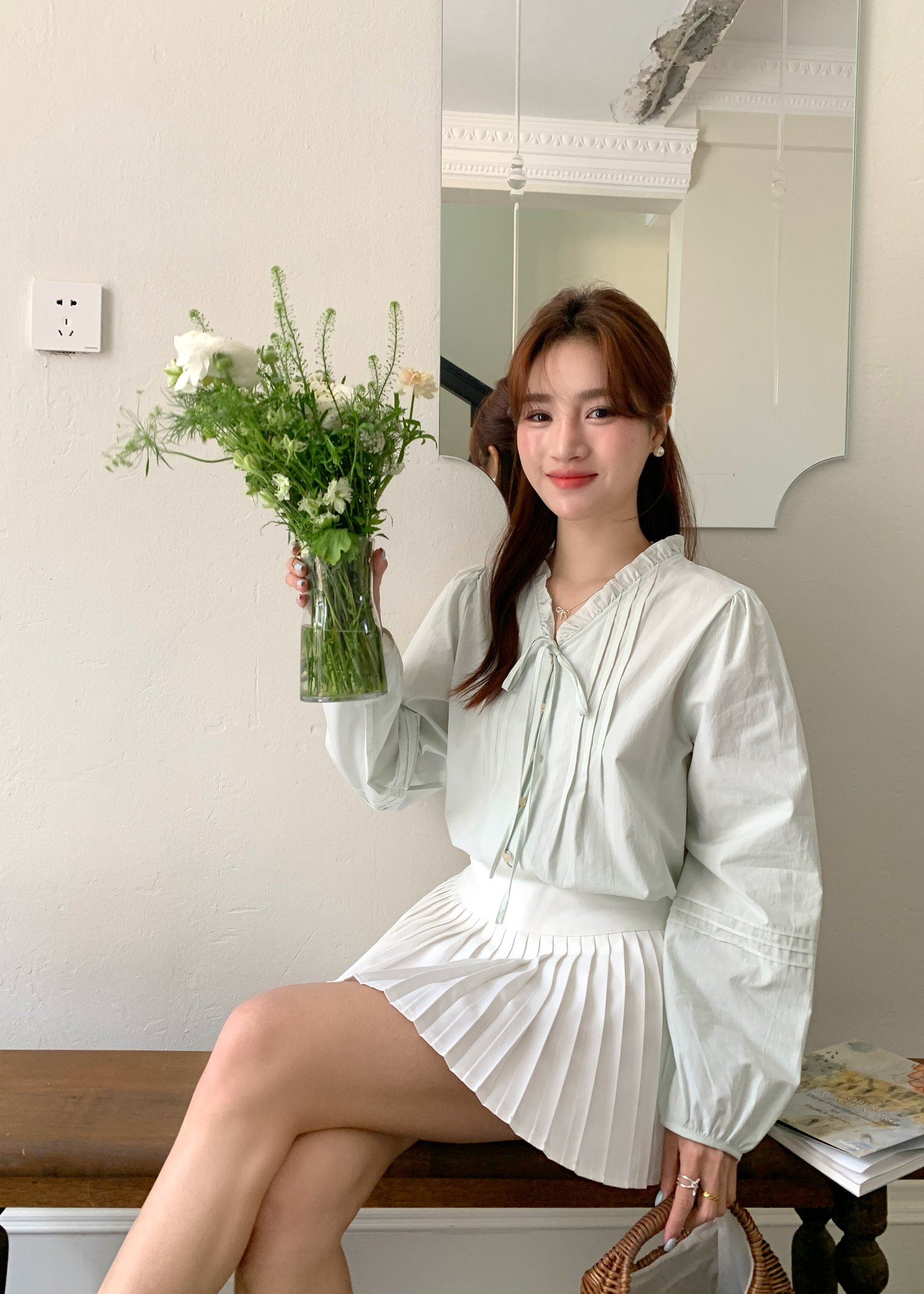 Claire Ribbon Blouse in Baby Green