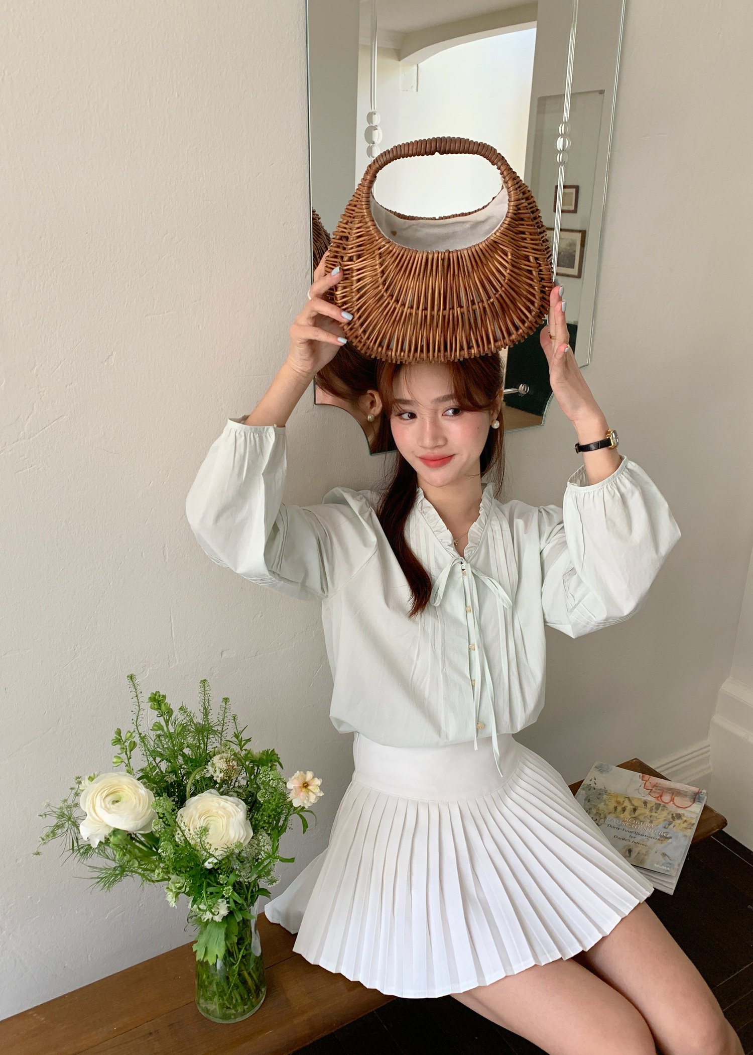 Claire Ribbon Blouse in Baby Green