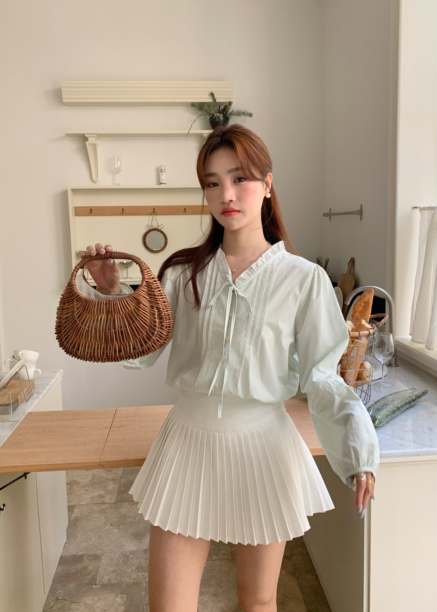 Claire Ribbon Blouse in Baby Green