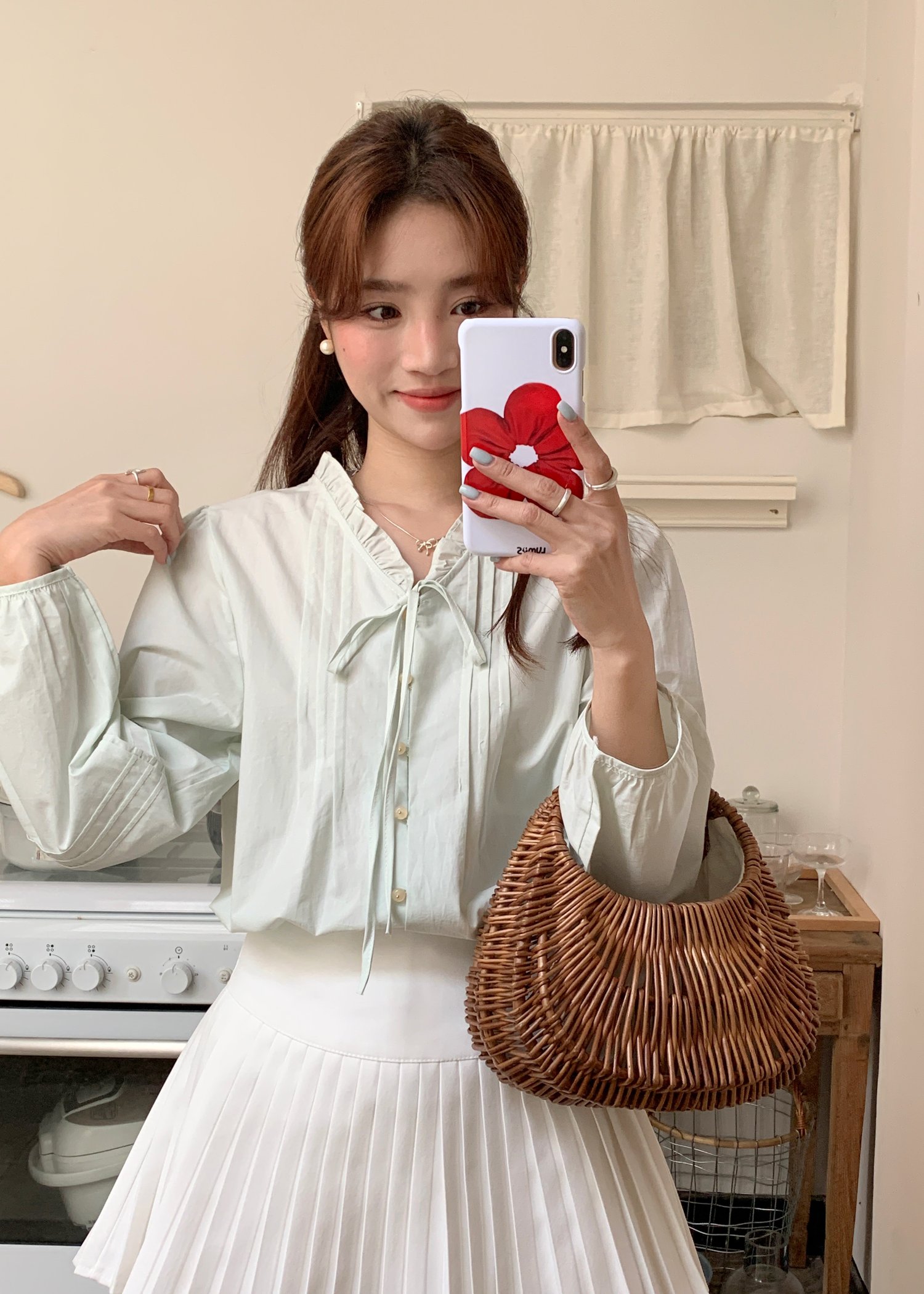 Claire Ribbon Blouse in Baby Green