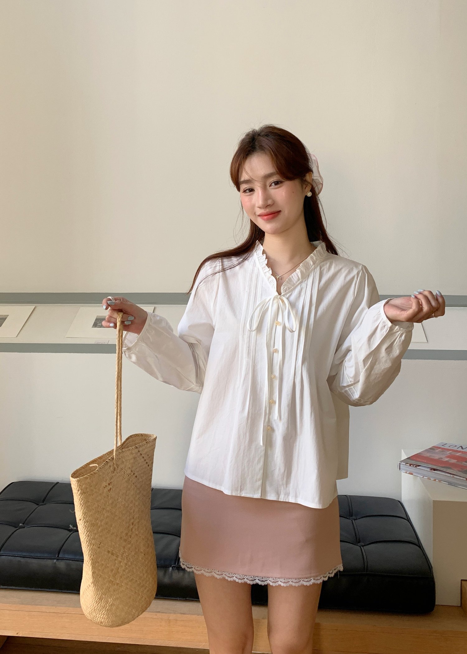 (DEFECT) Claire Ribbon Blouse in White