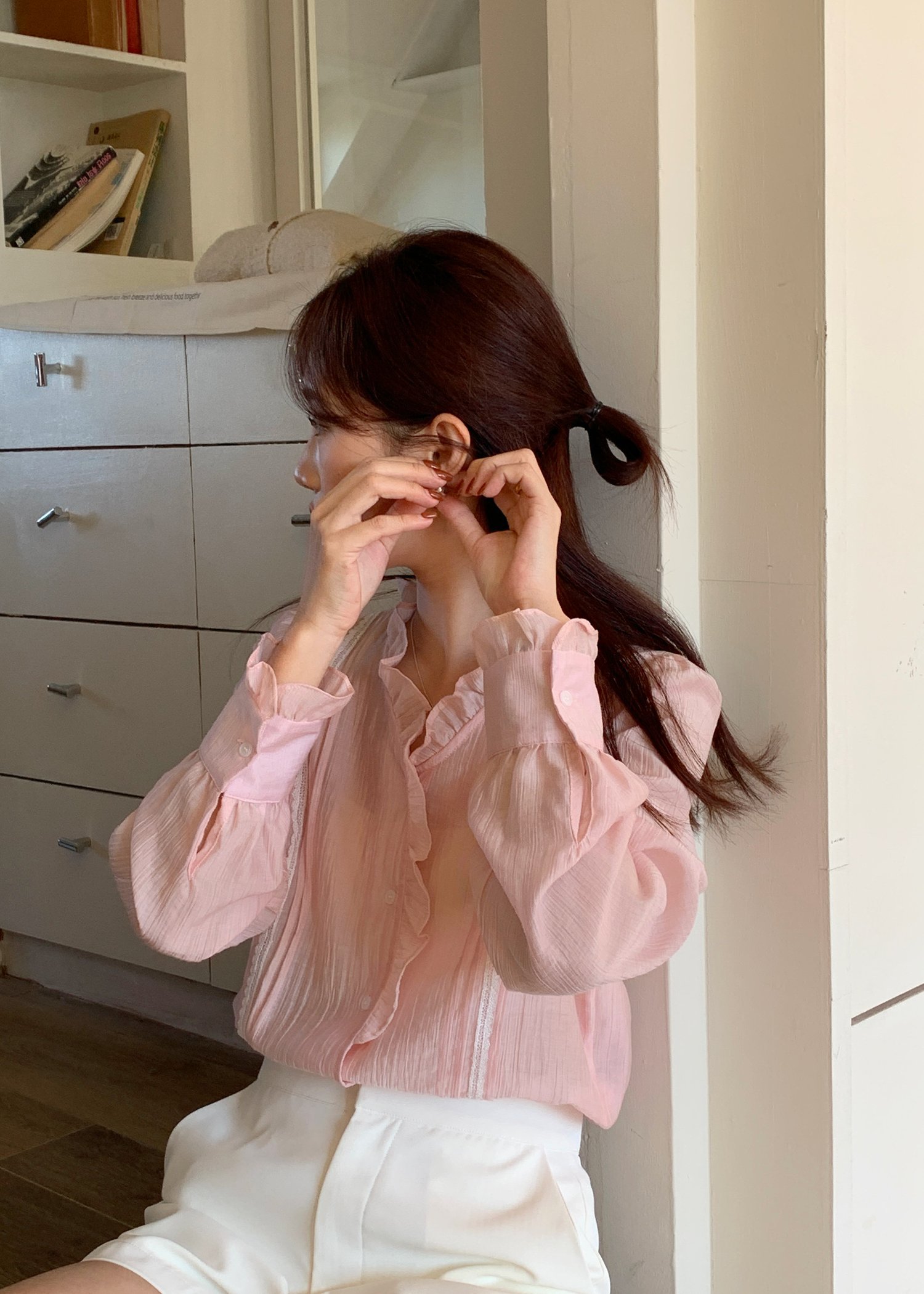 (DEFECT) Elise Lacey Long Sleeve Blouse in Baby Pink