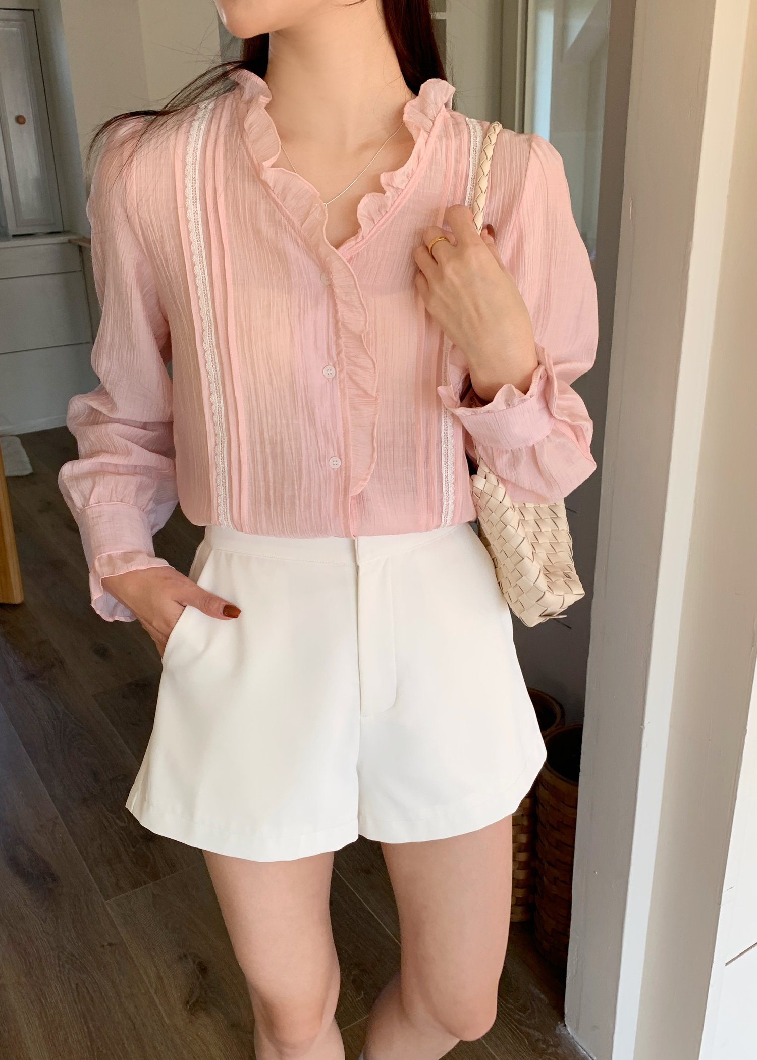 (DEFECT) Elise Lacey Long Sleeve Blouse in Baby Pink