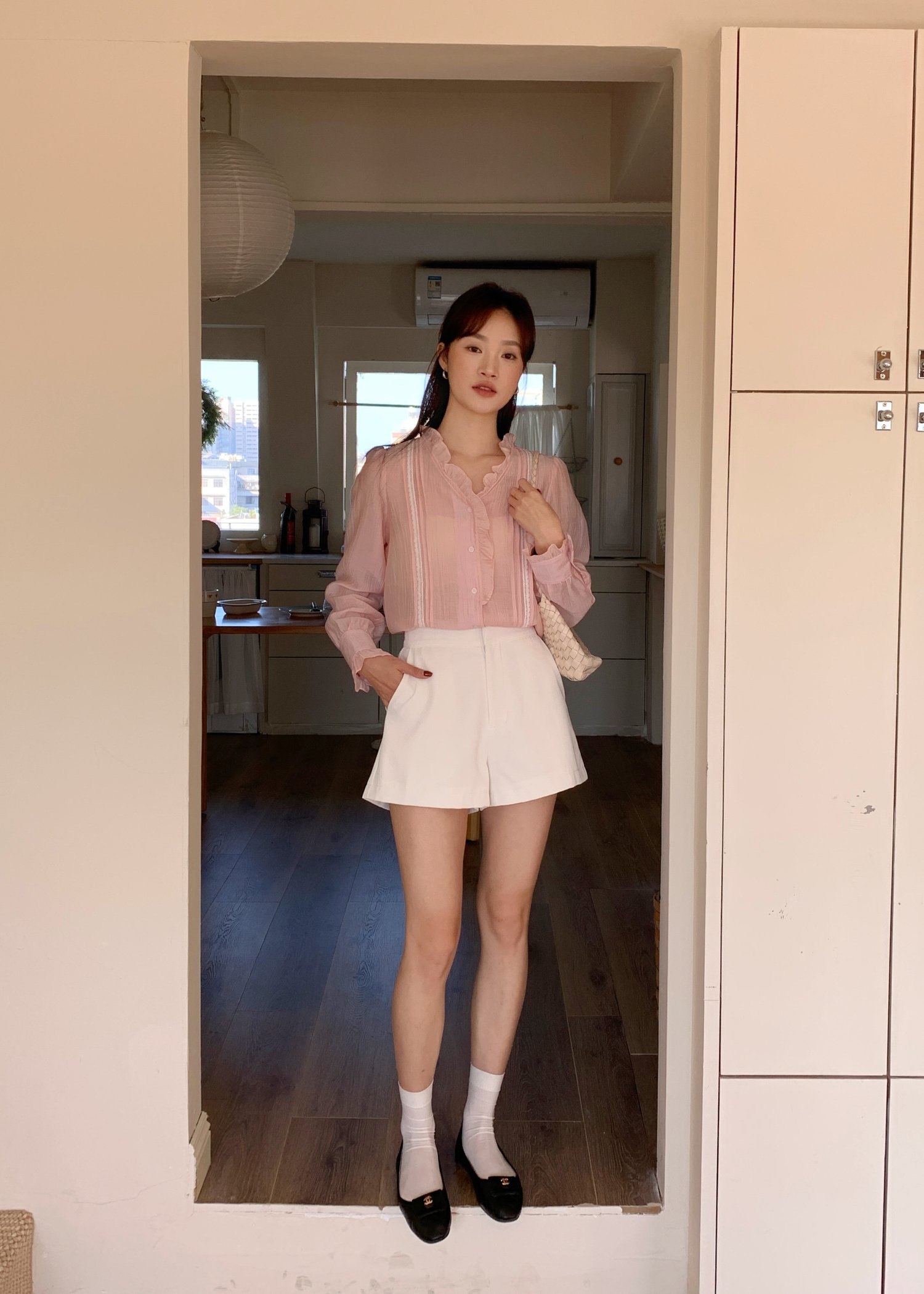 (DEFECT) Elise Lacey Long Sleeve Blouse in Baby Pink