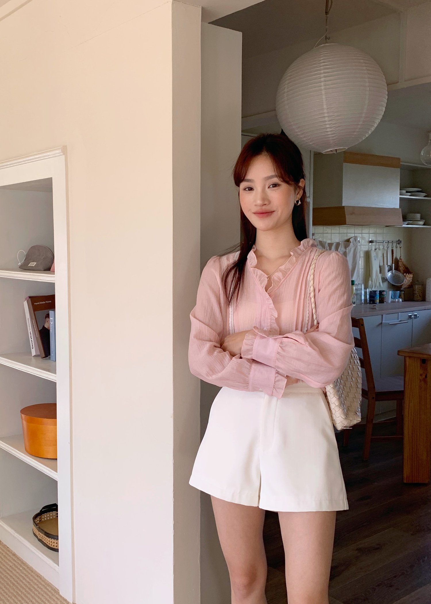 (DEFECT) Elise Lacey Long Sleeve Blouse in Baby Pink