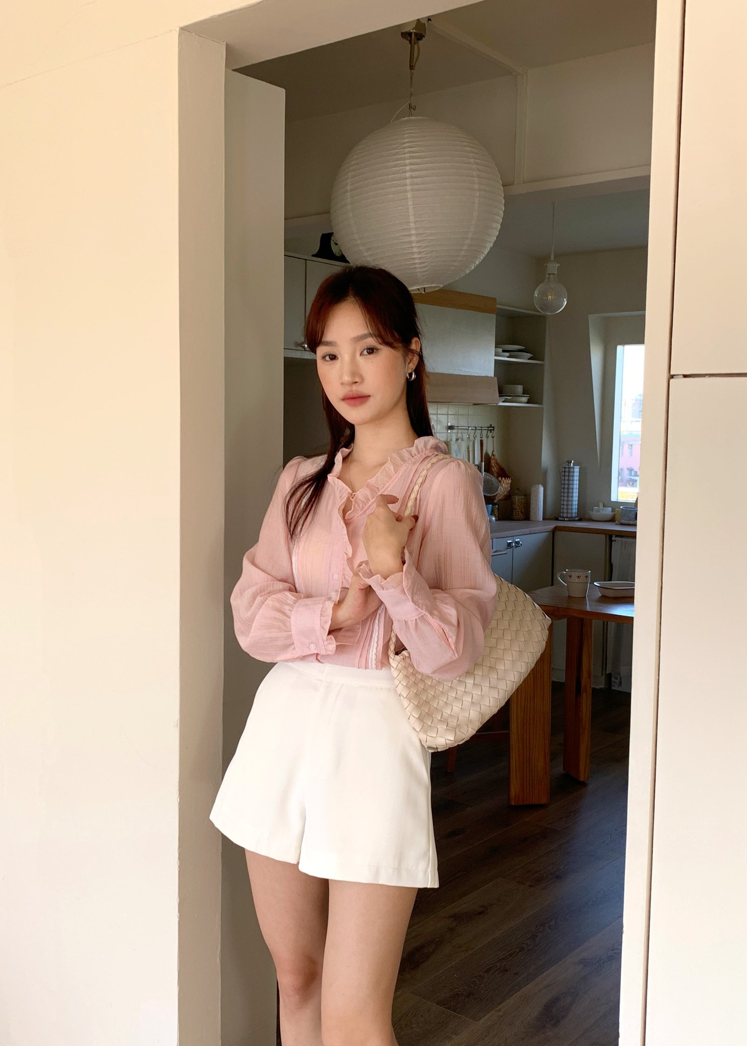 (DEFECT) Elise Lacey Long Sleeve Blouse in Baby Pink