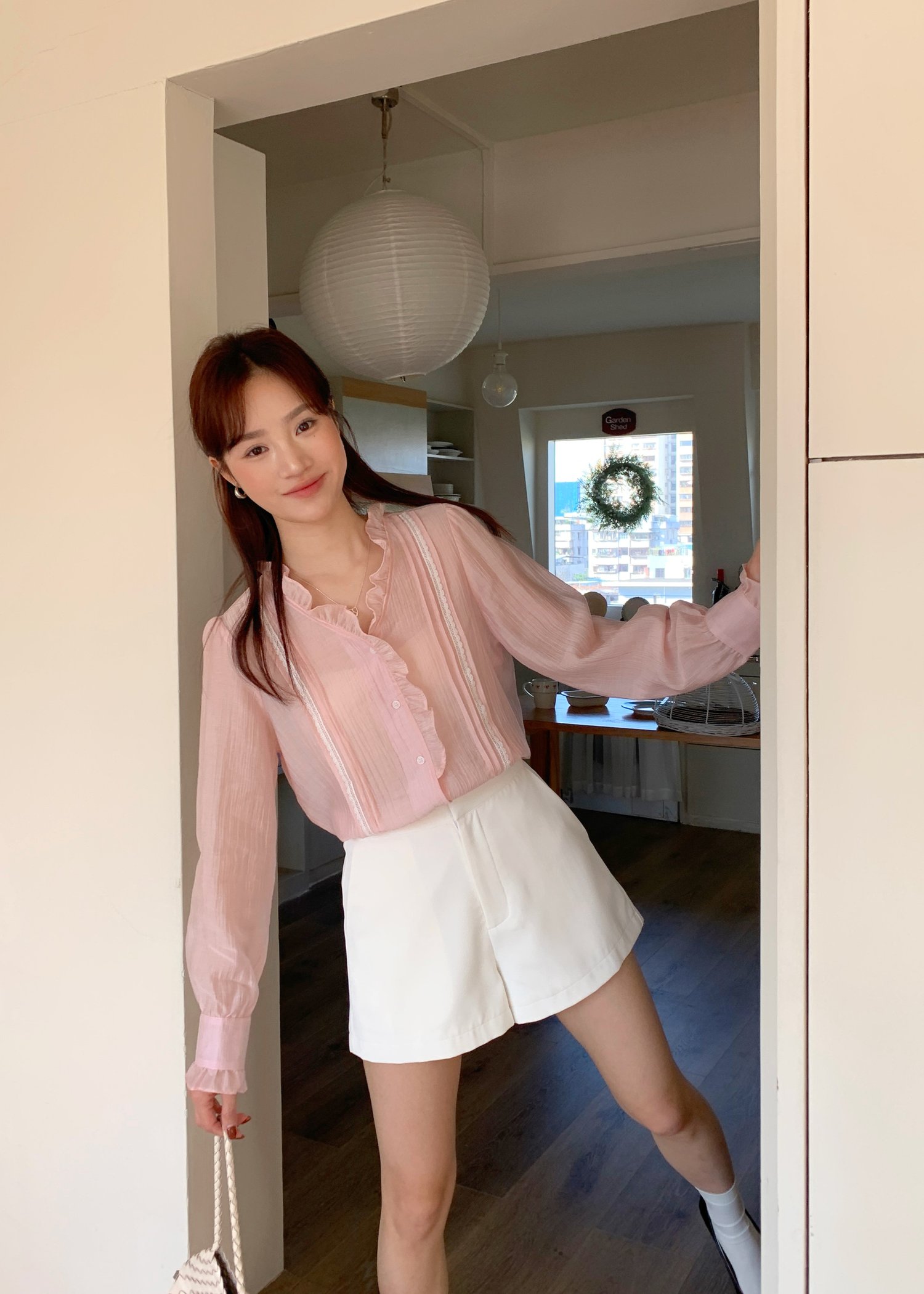 (DEFECT) Elise Lacey Long Sleeve Blouse in Baby Pink