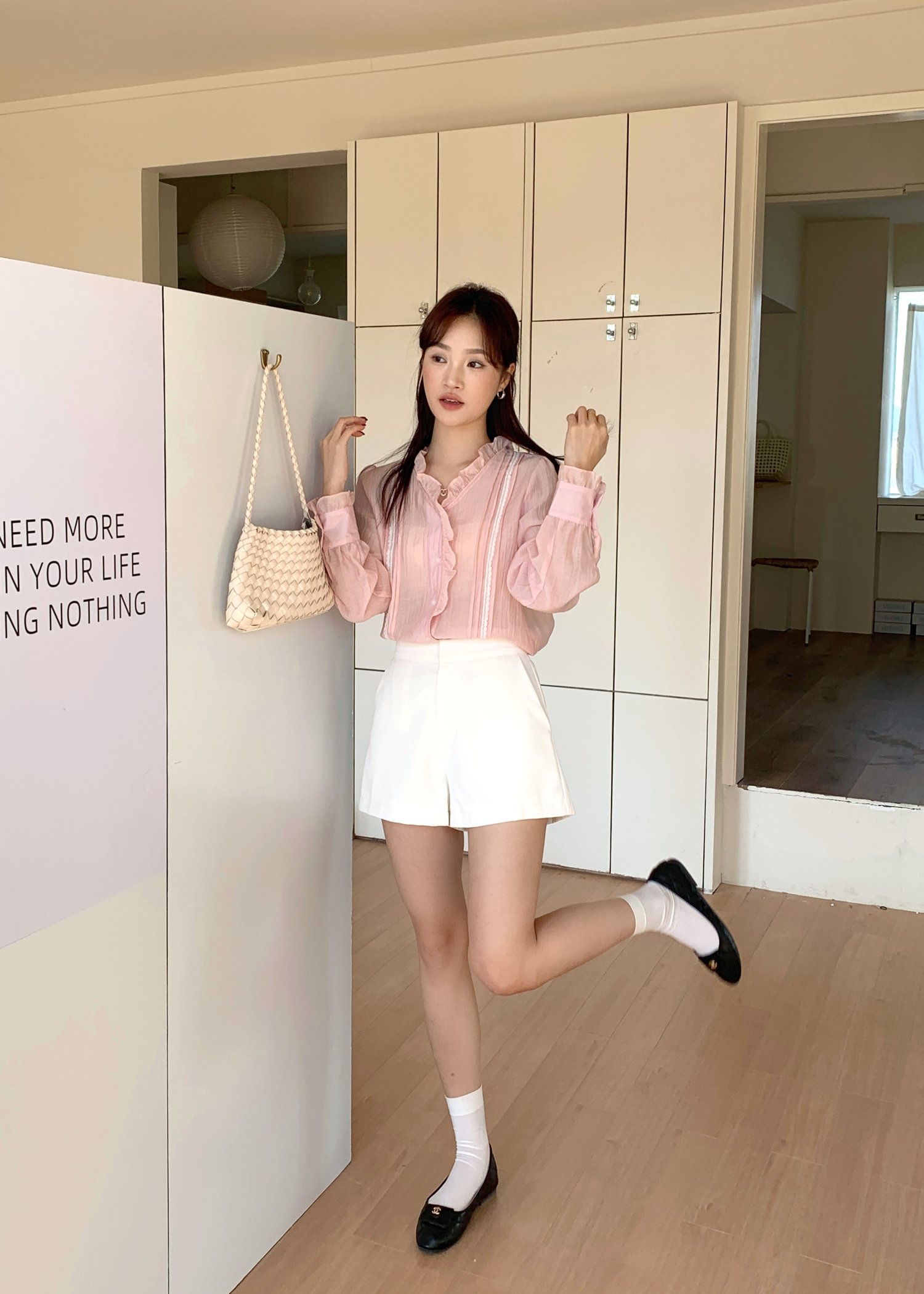 (DEFECT) Elise Lacey Long Sleeve Blouse in Baby Pink