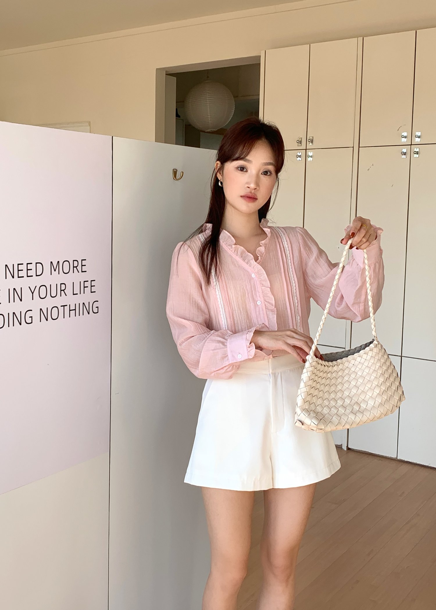 (DEFECT) Elise Lacey Long Sleeve Blouse in Baby Pink
