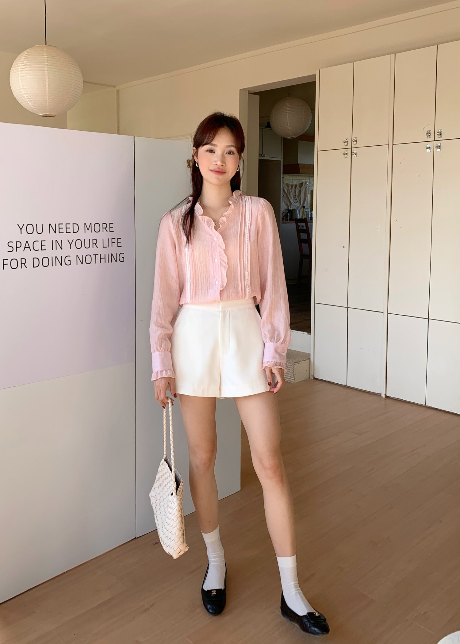 (DEFECT) Elise Lacey Long Sleeve Blouse in Baby Pink