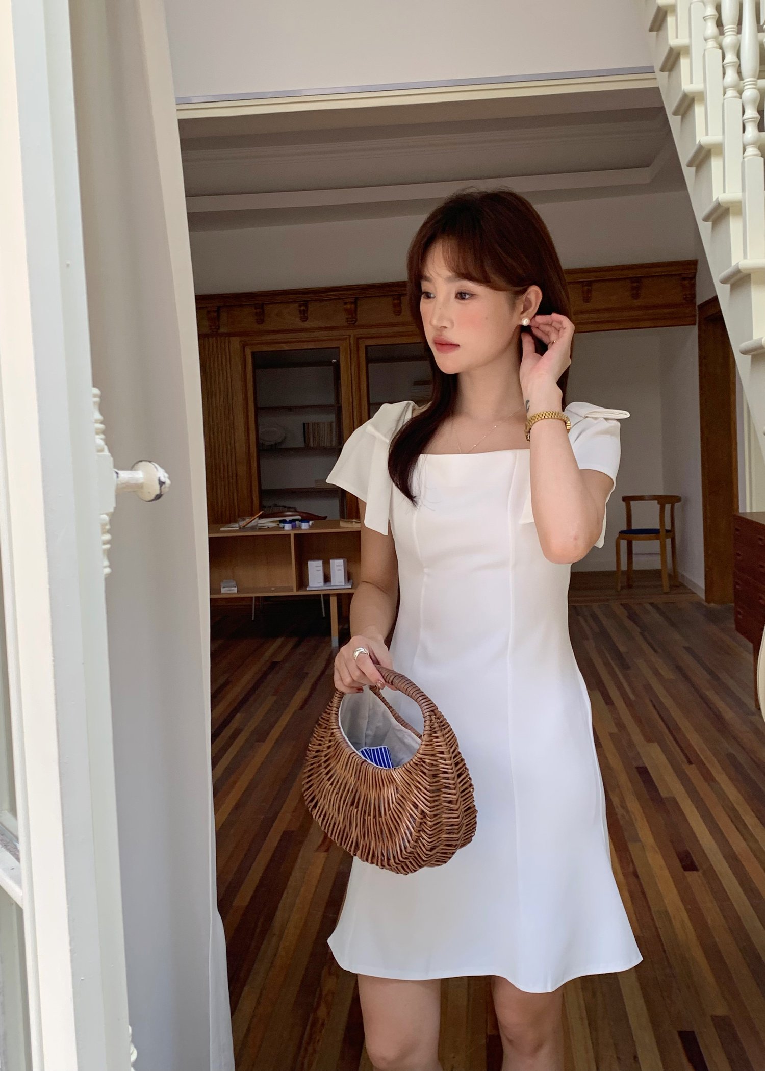 (DEFECT) L' Amour Roman Flare Mini Dress in White