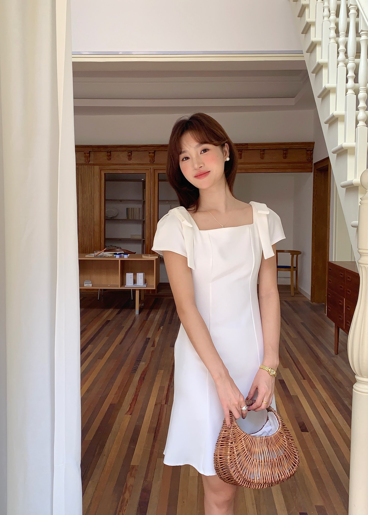(DEFECT) L' Amour Roman Flare Mini Dress in White