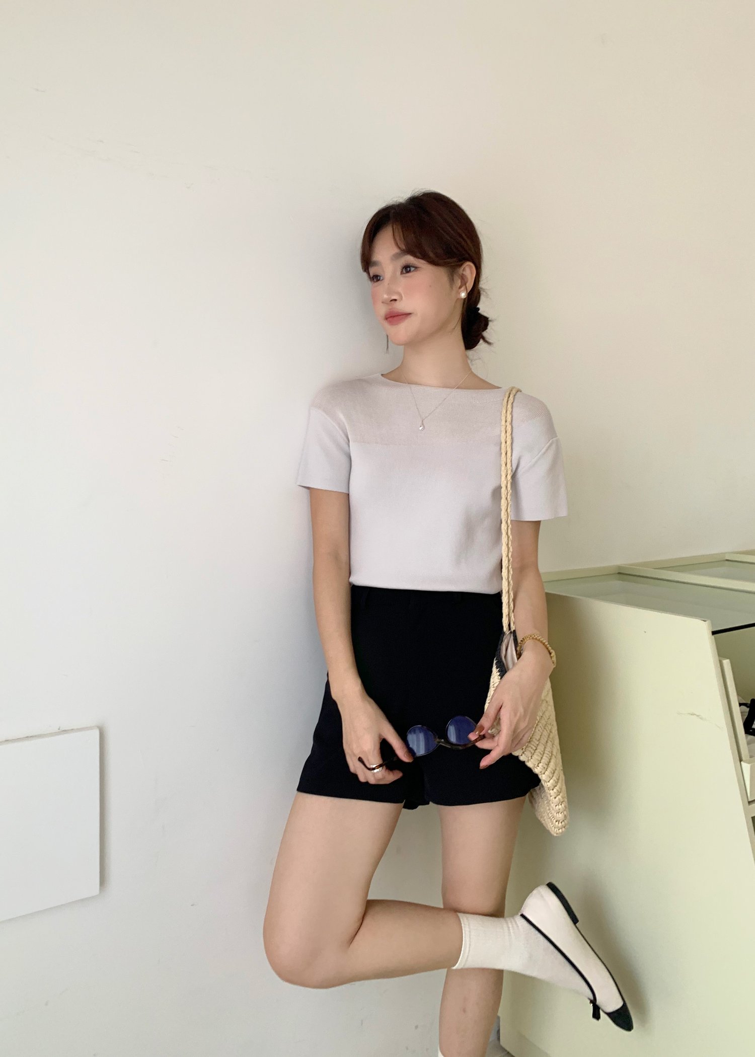 (DEFECT) Varie Mesh Knit Top in Oat Grey