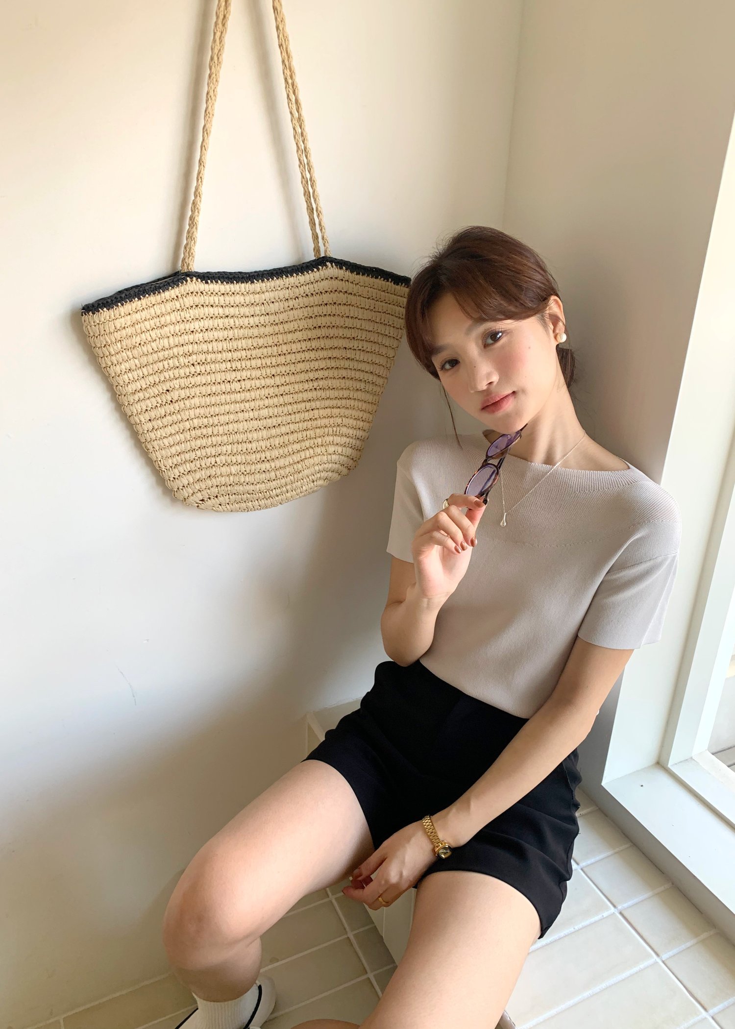 (DEFECT) Varie Mesh Knit Top in Oat Grey