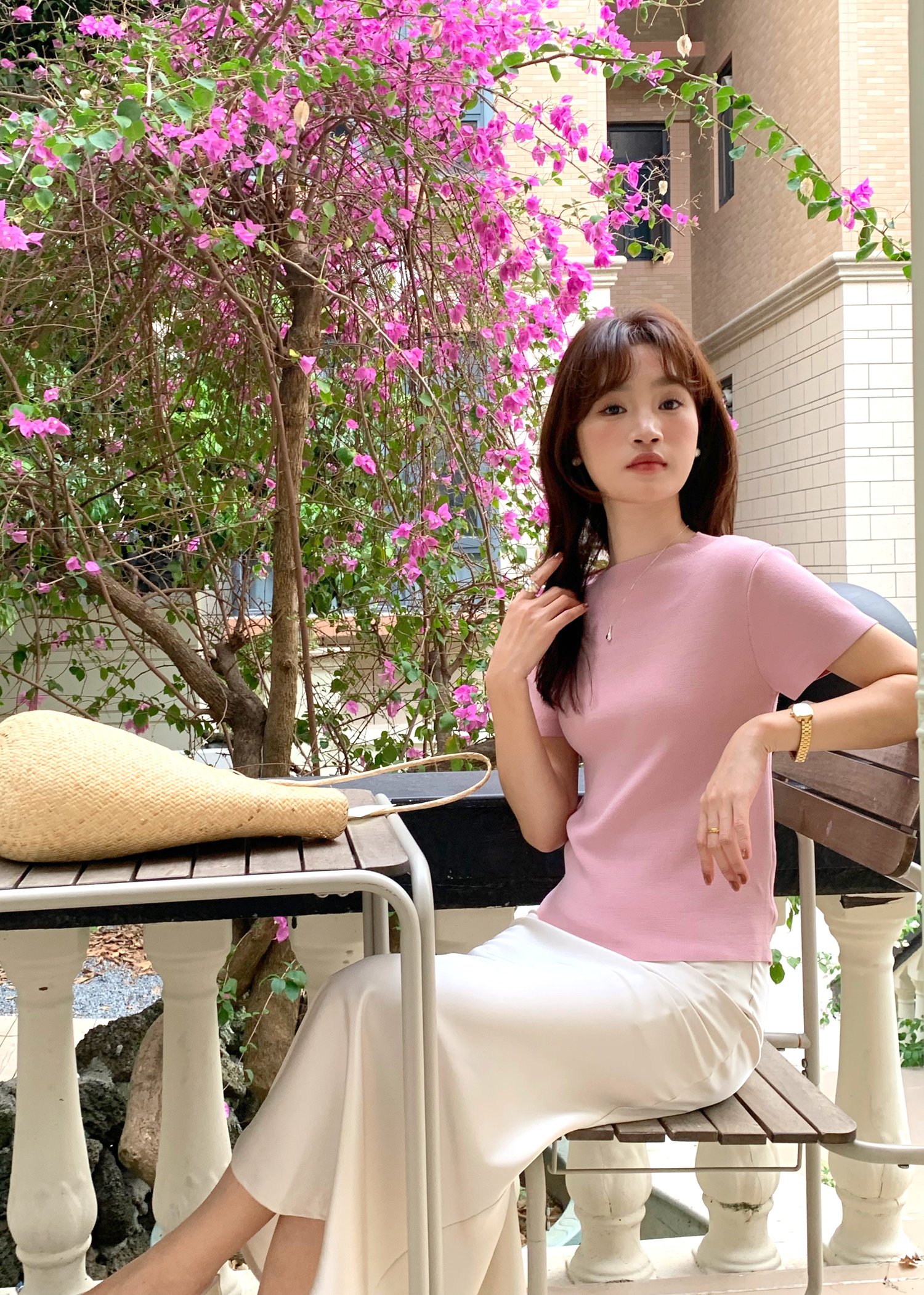 (DEFECT) Varie Mesh Knit Top in Pink