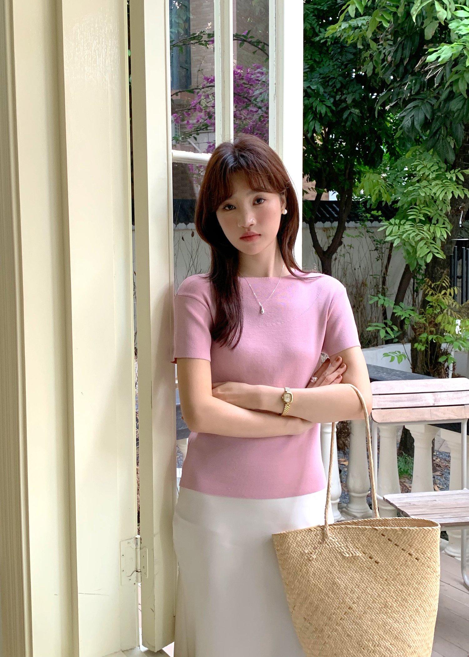 (DEFECT) Varie Mesh Knit Top in Pink