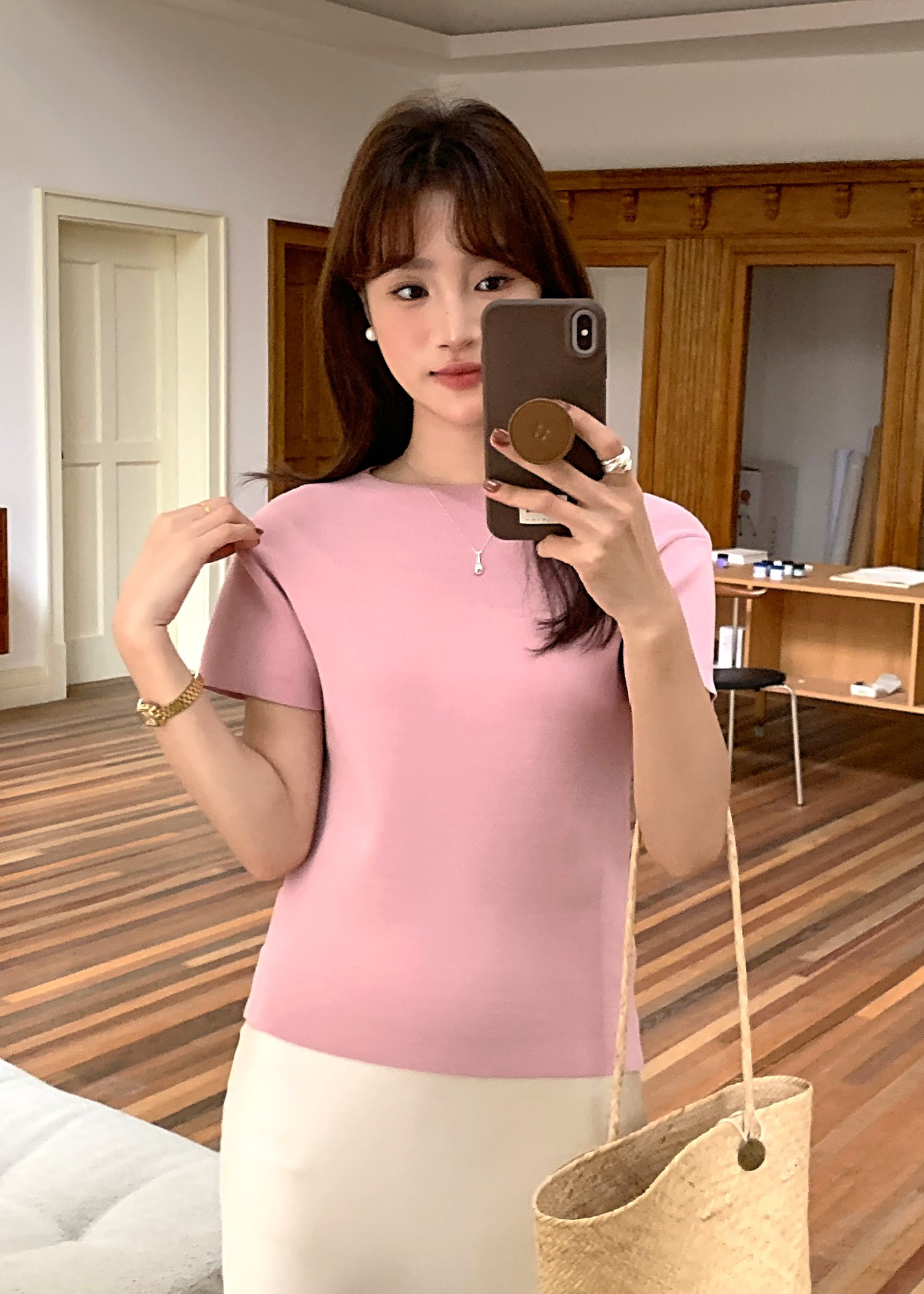 (DEFECT) Varie Mesh Knit Top in Pink