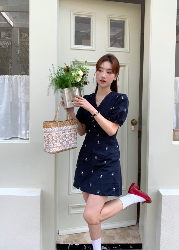 Clara Embroidery Floral Dress in Dark Navy Blue