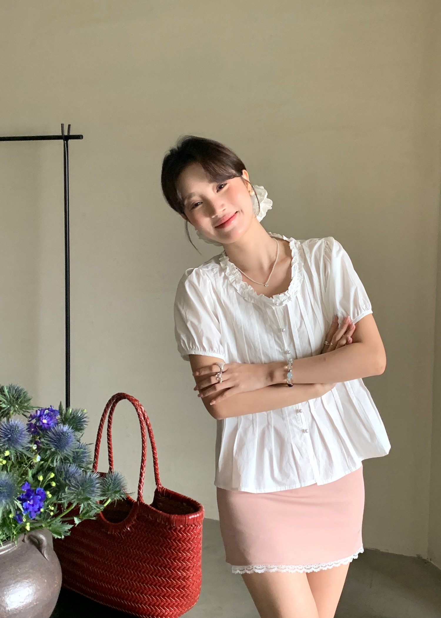 Anne Pearl Buttoned Blouse in White