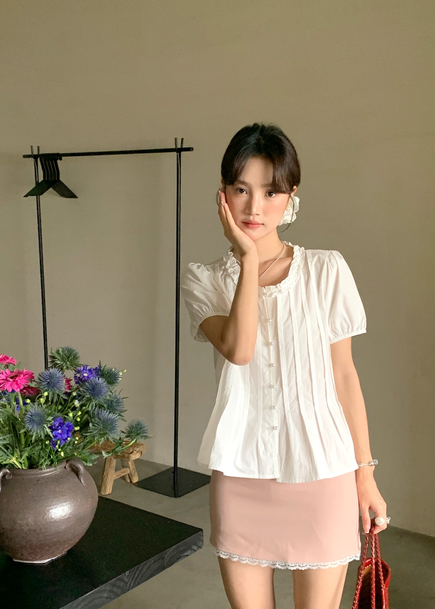 Anne Pearl Buttoned Blouse in White