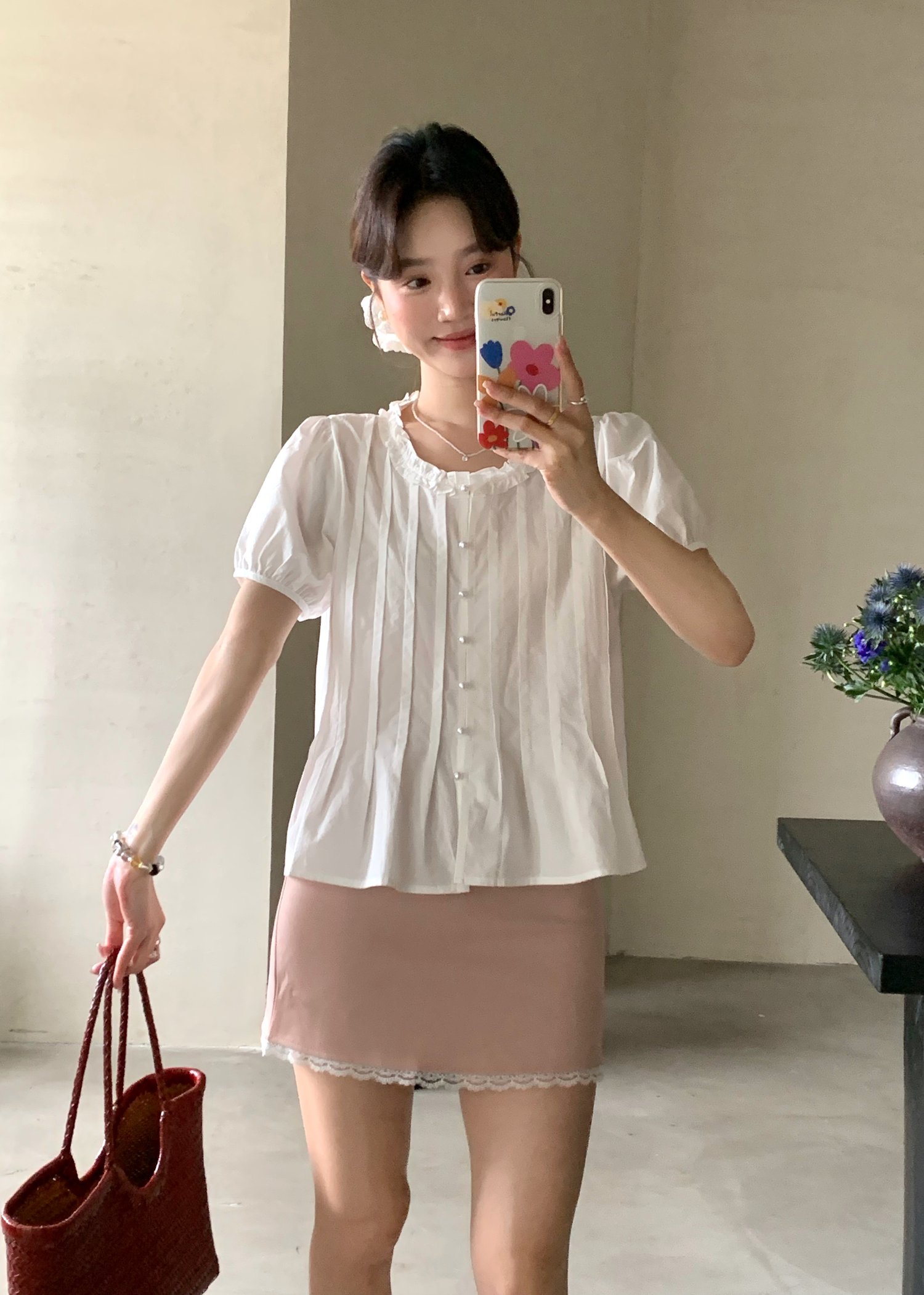 Anne Pearl Buttoned Blouse in White