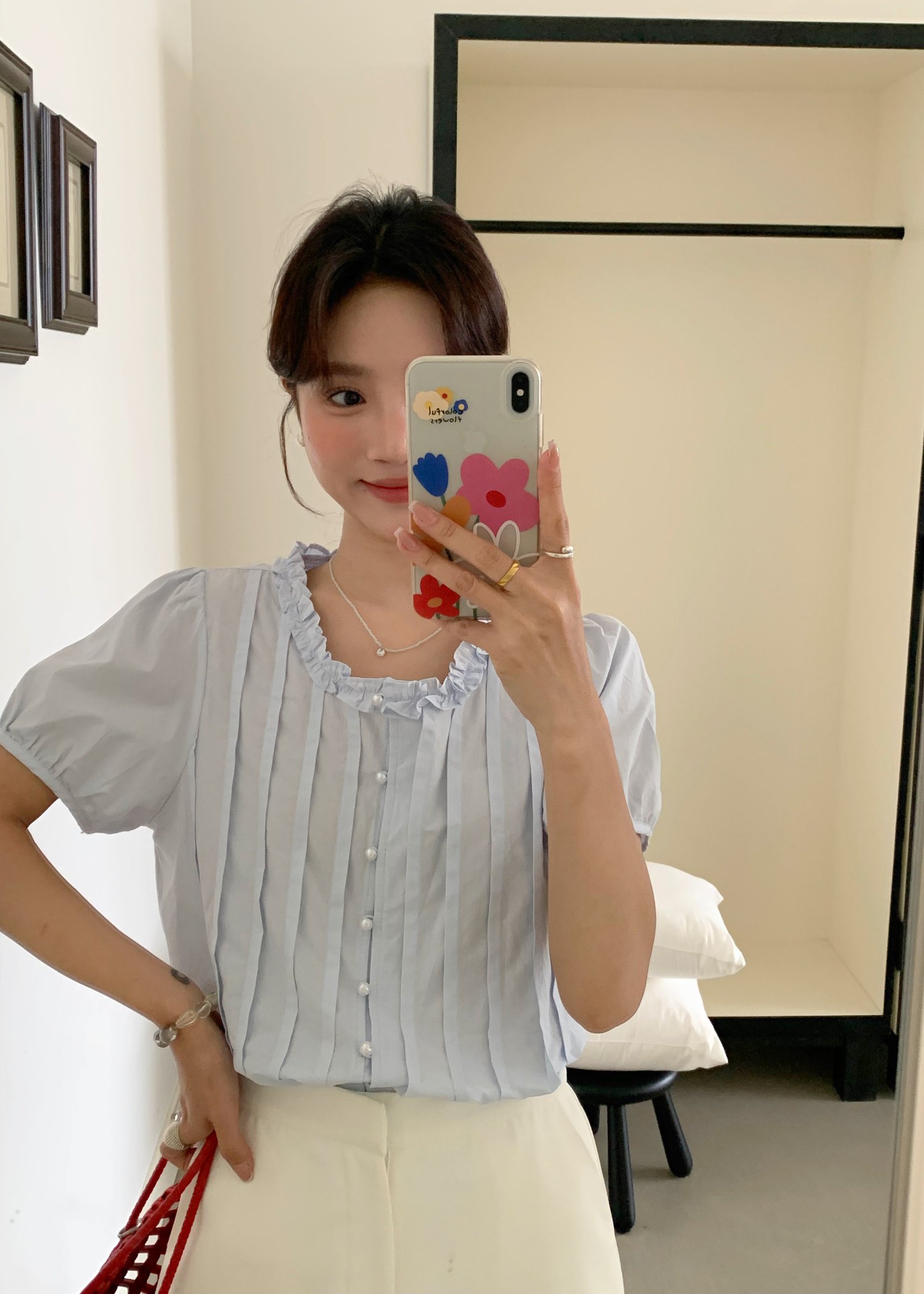 Anne Pearl Buttoned Blouse in Baby Blue