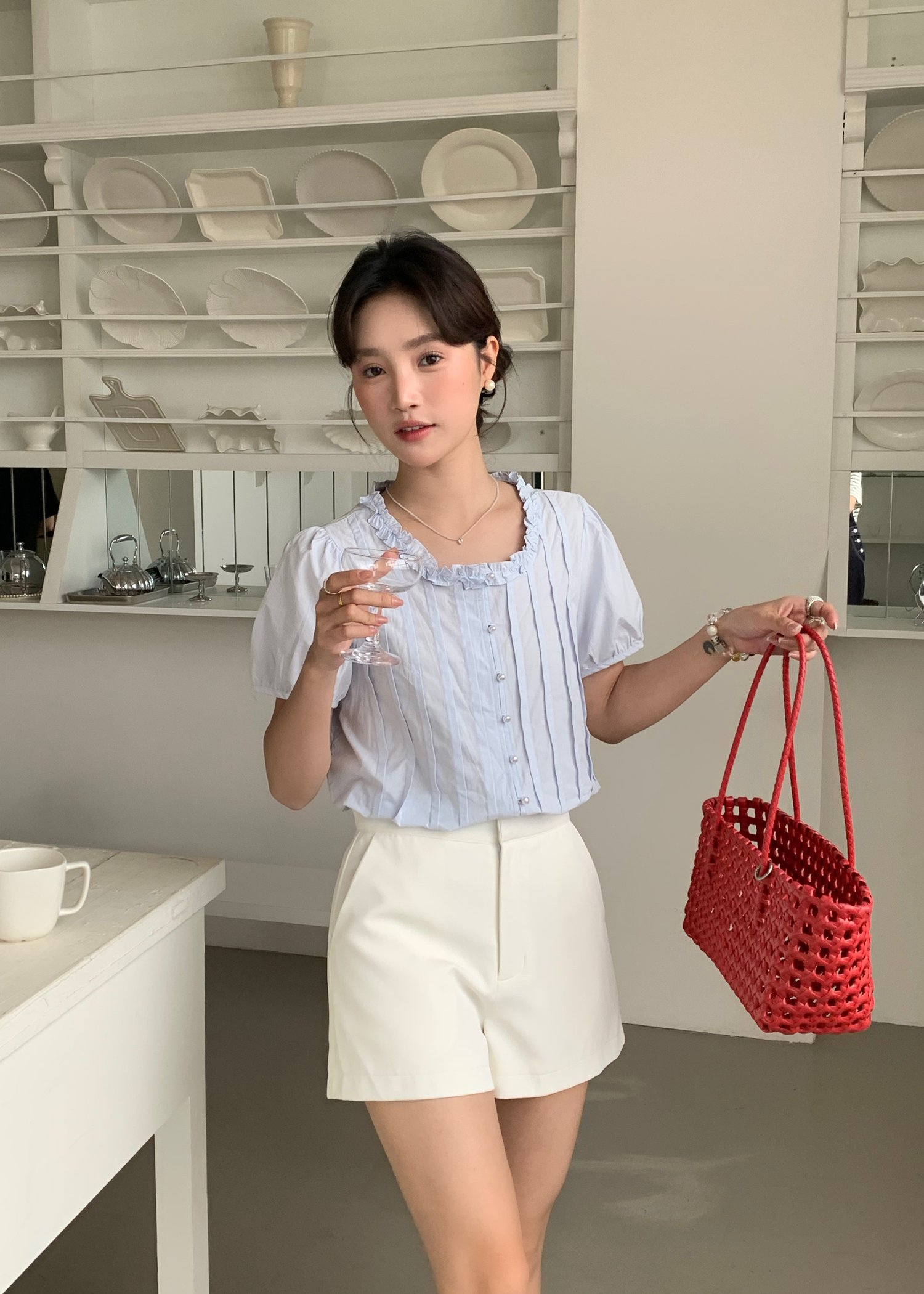 Anne Pearl Buttoned Blouse in Baby Blue