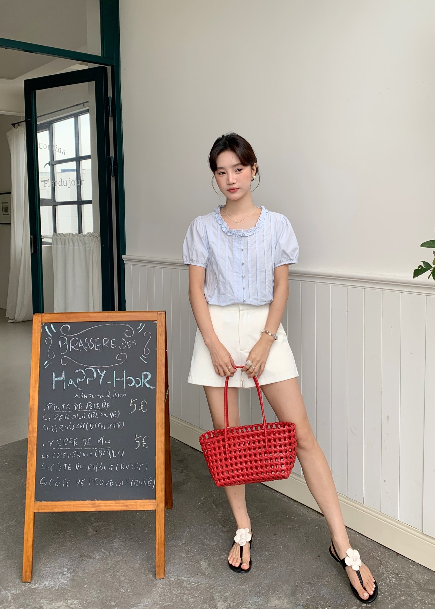 Anne Pearl Buttoned Blouse in Baby Blue
