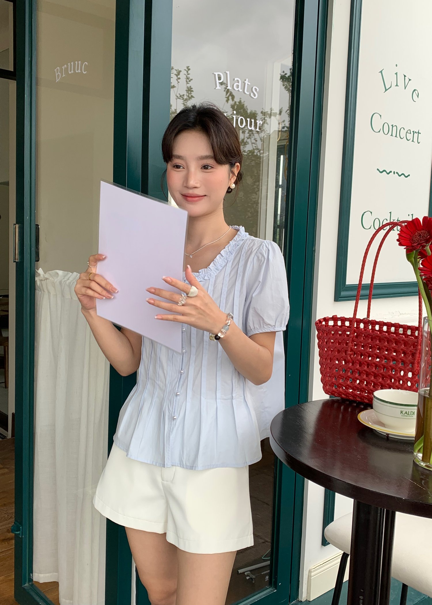 Anne Pearl Buttoned Blouse in Baby Blue
