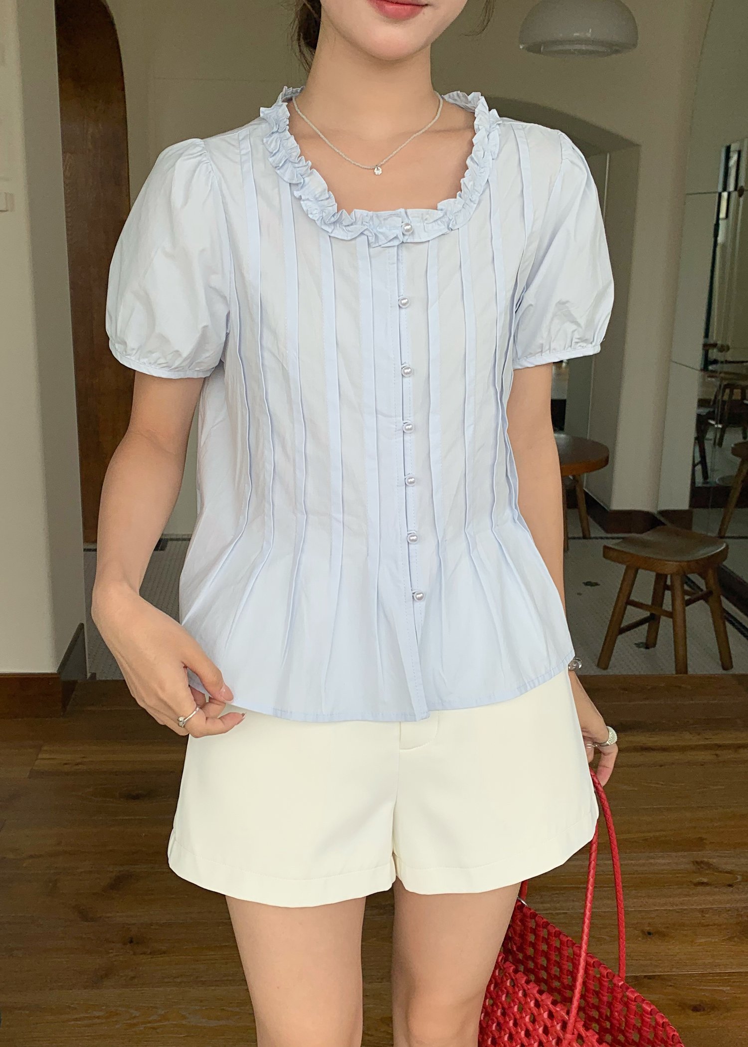 Anne Pearl Buttoned Blouse in Baby Blue