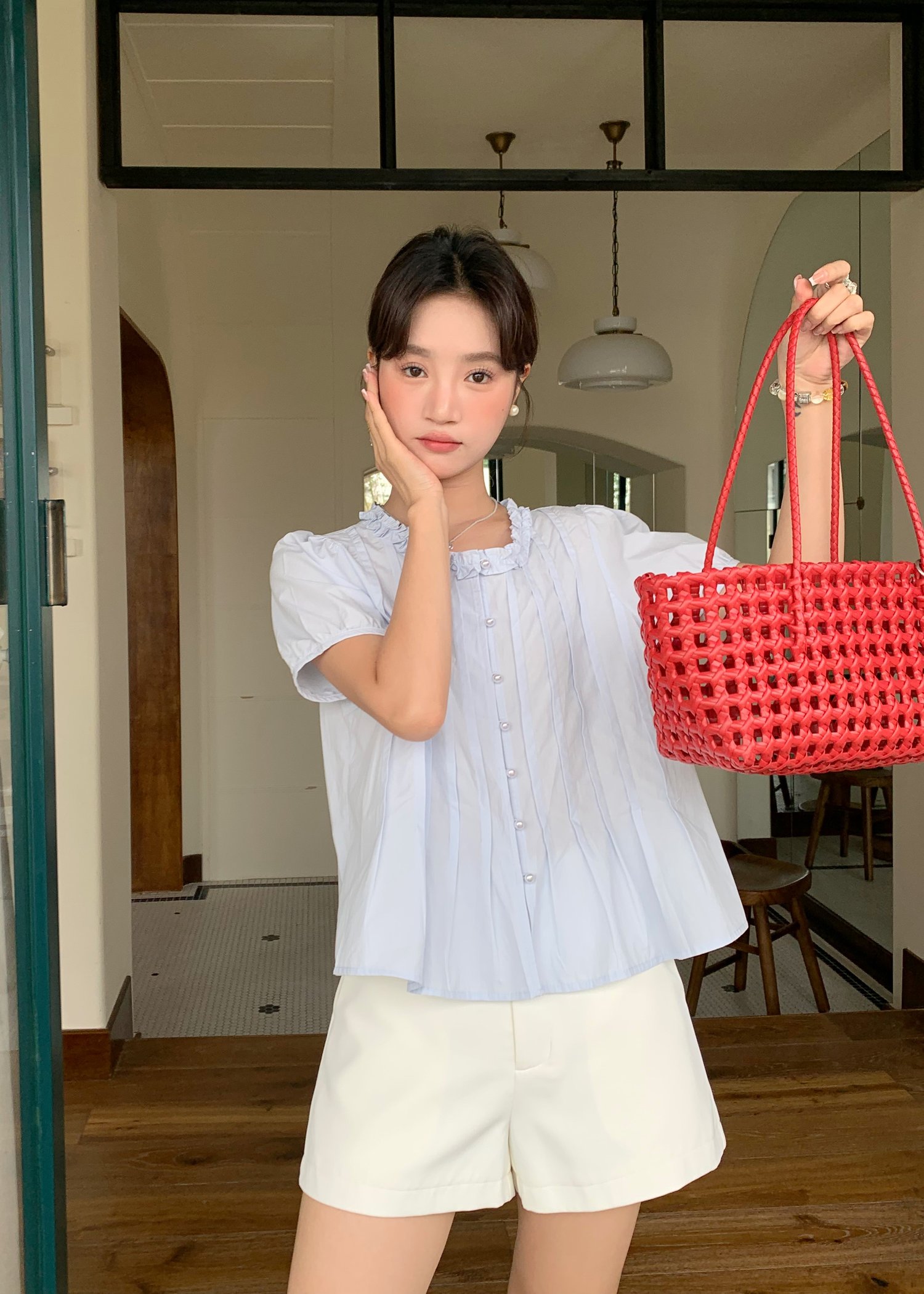 Anne Pearl Buttoned Blouse in Baby Blue