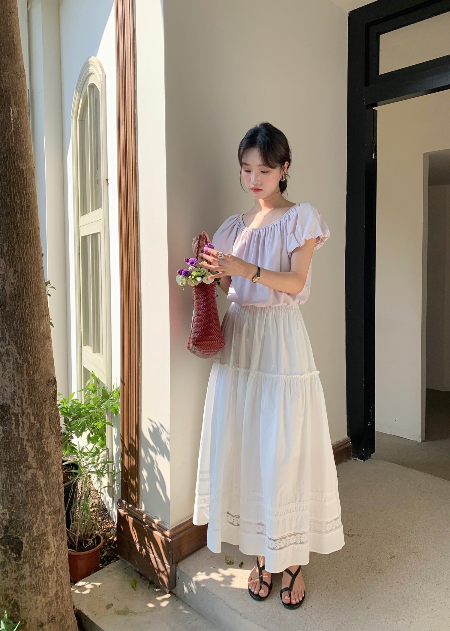 Lacey Flare Long Skirt in White
