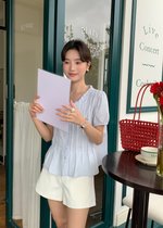 Anne Pearl Buttoned Blouse in Baby Blue